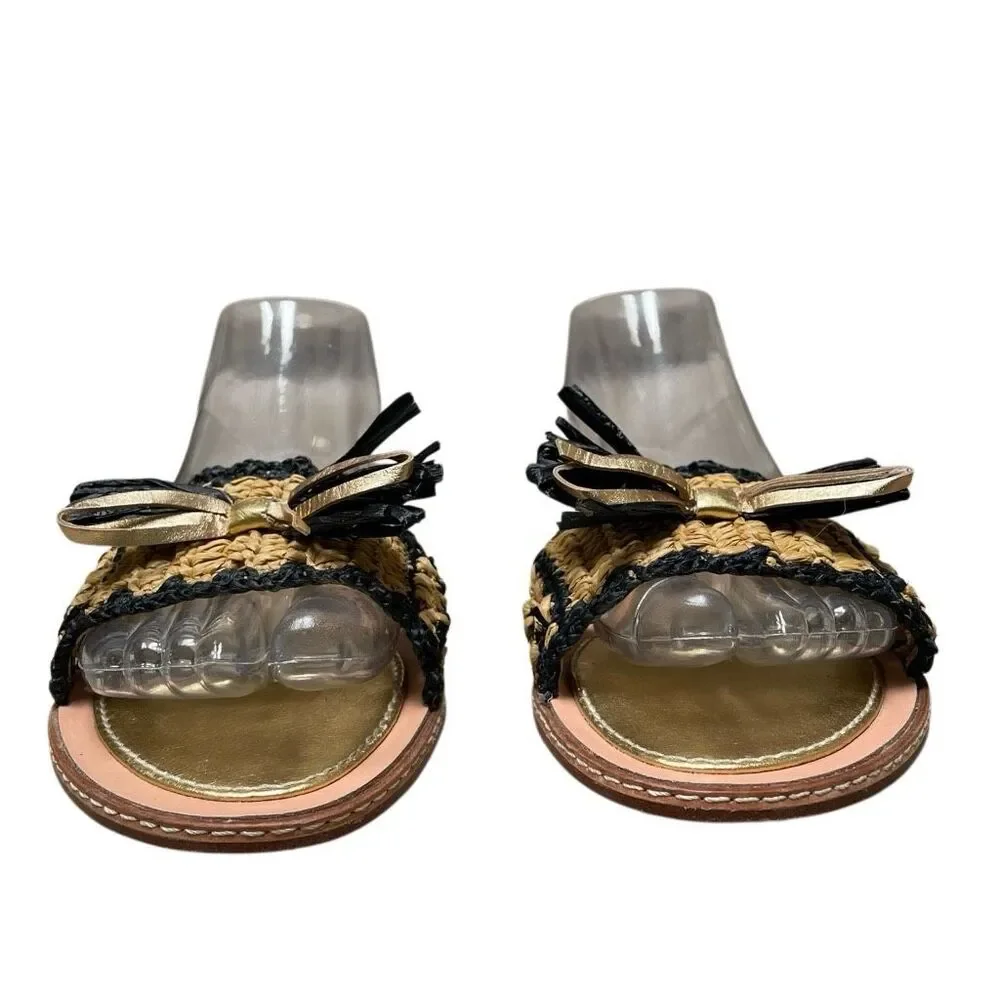 Kate Spade New‎ York Navy Raffia and Gold bow leather slide sandals women’s 9